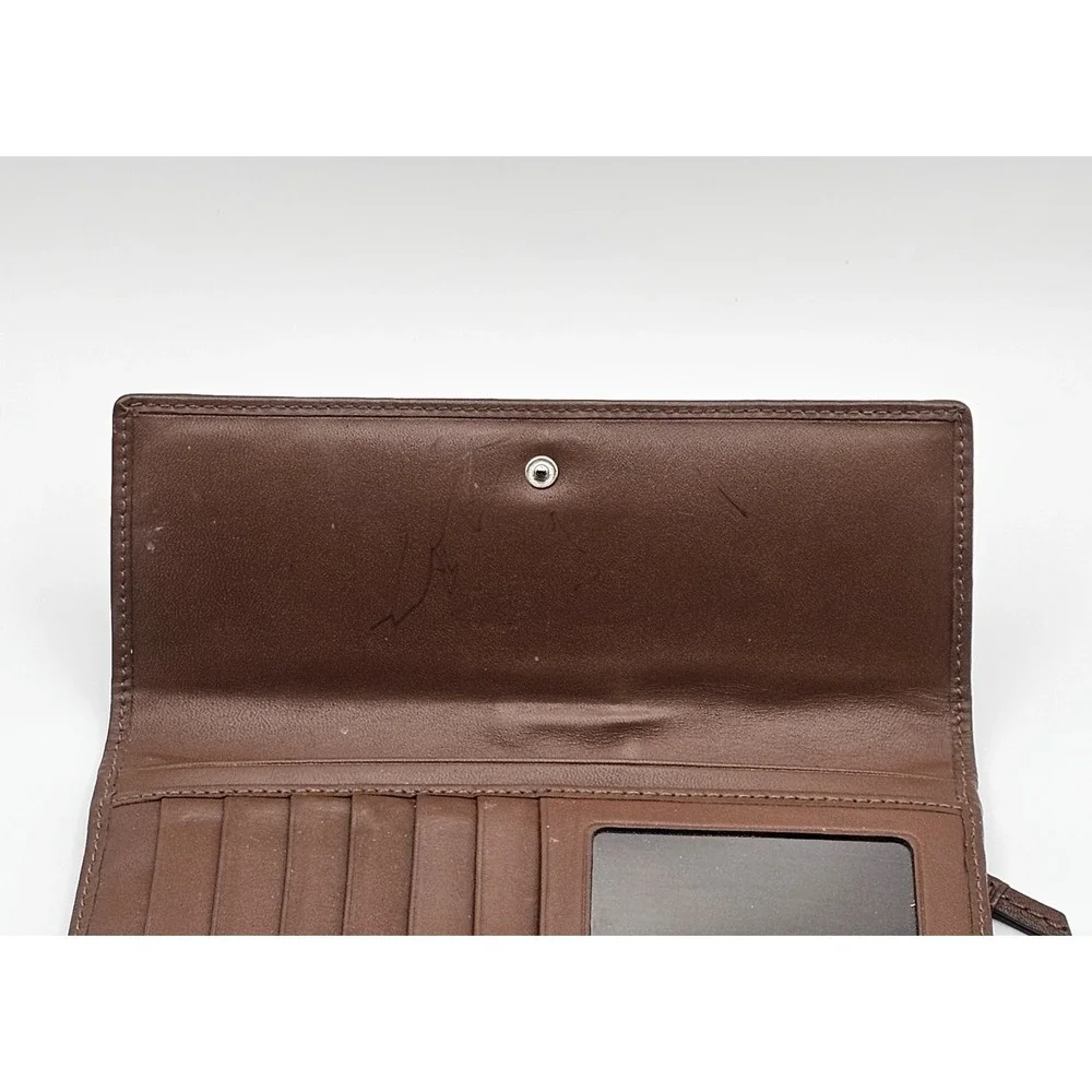 Coach Signature C Monogram Brown Leather Trim Trifold Wallet Pleated